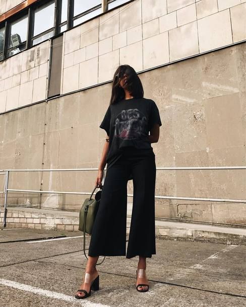 black tee with palazzo pants